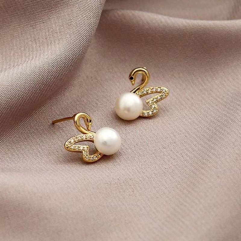 Gold Diamant Schwan Ohrringe - Gold Schwan ohrringe mit Perle
