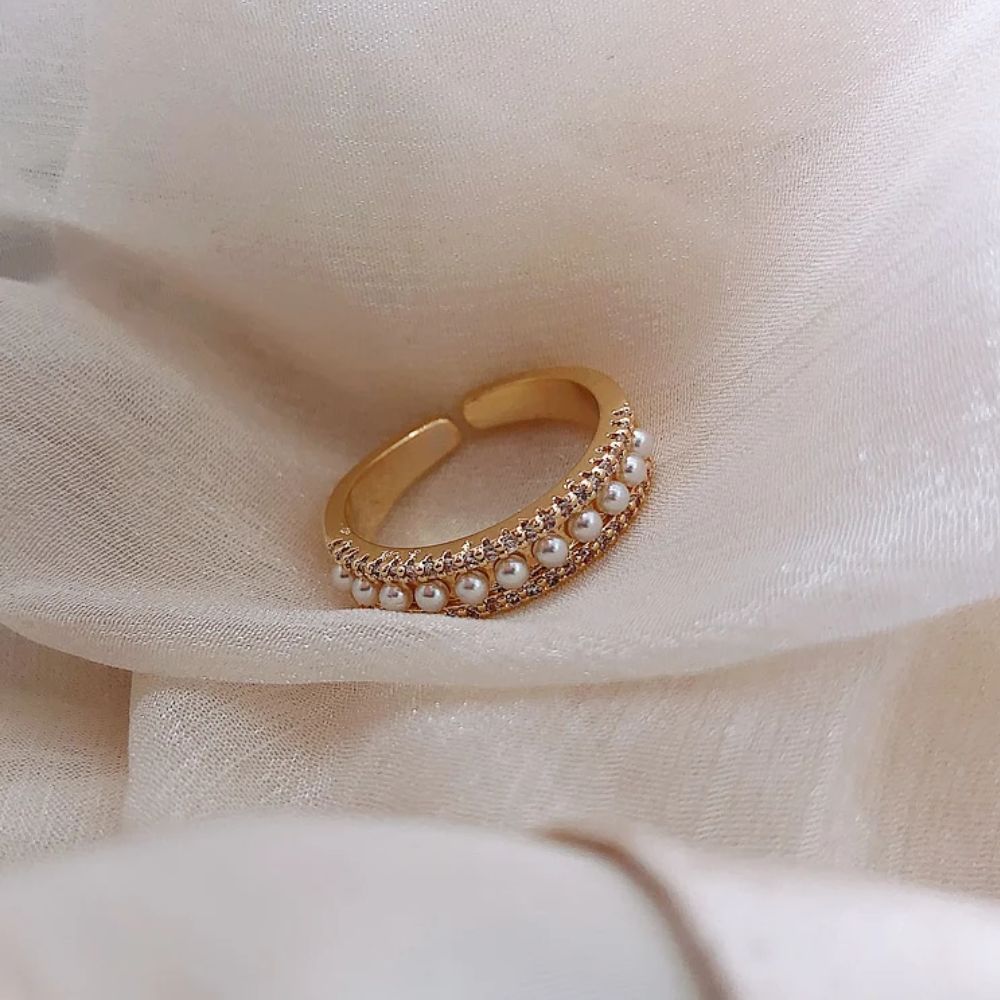 Damen Verstellbarer Ring mit Offenem Design, Perlendetail und Steinbesatz