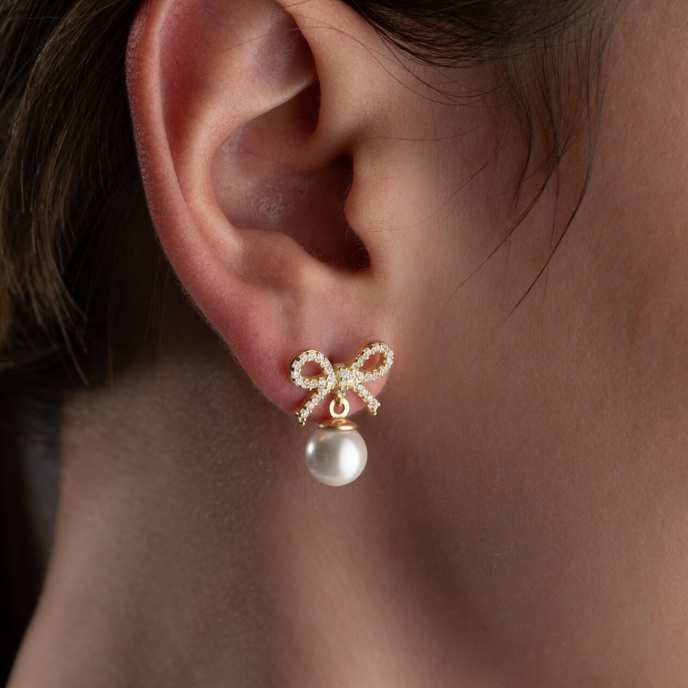 Goldene Schleifen-Perlenohrringe - Bow Pearl Dangle Ohrring
