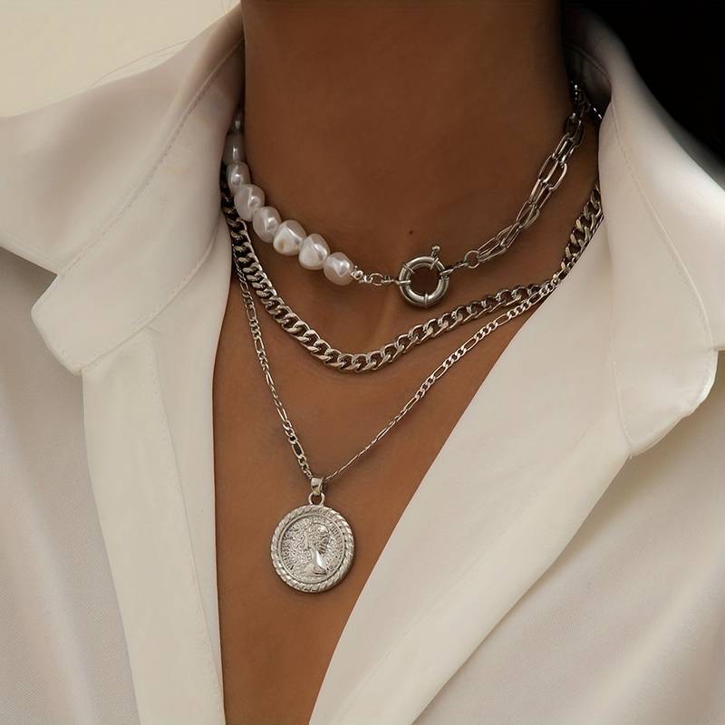 Perle und Vintage-Anhänger Kette - 3pcs Kette Anhänger und Perle Halskette