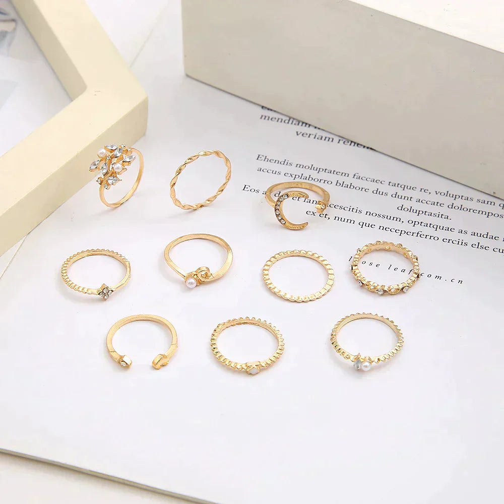 Anne – Satz von 10 Boho-Ringen Gold und Silber