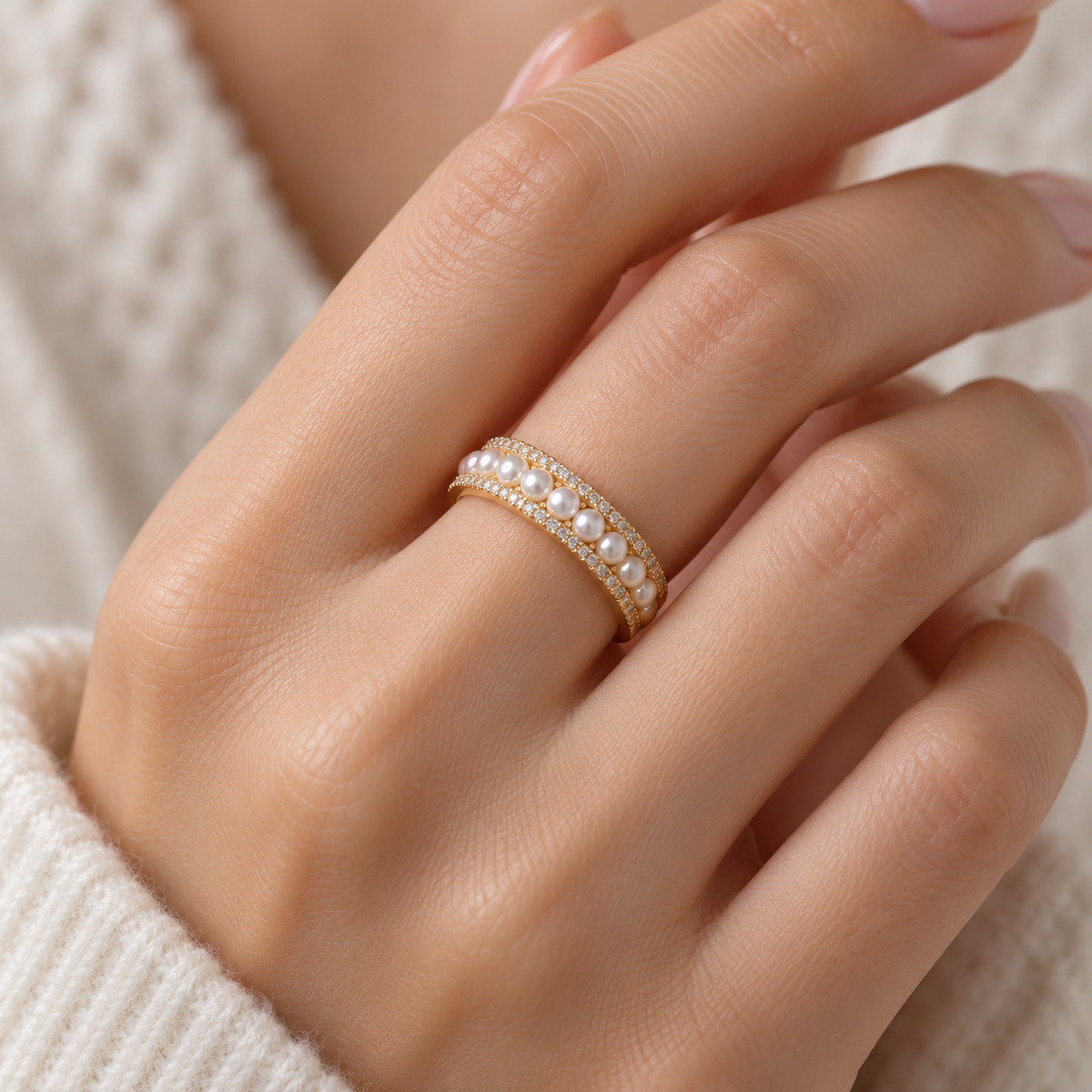 Damen Verstellbarer Ring mit Offenem Design, Perlendetail und Steinbesatz