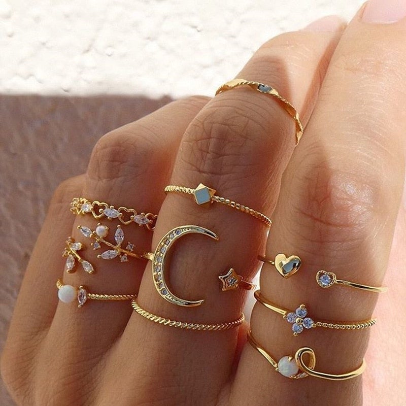 Anne – Satz von 10 Boho-Ringen Gold und Silber