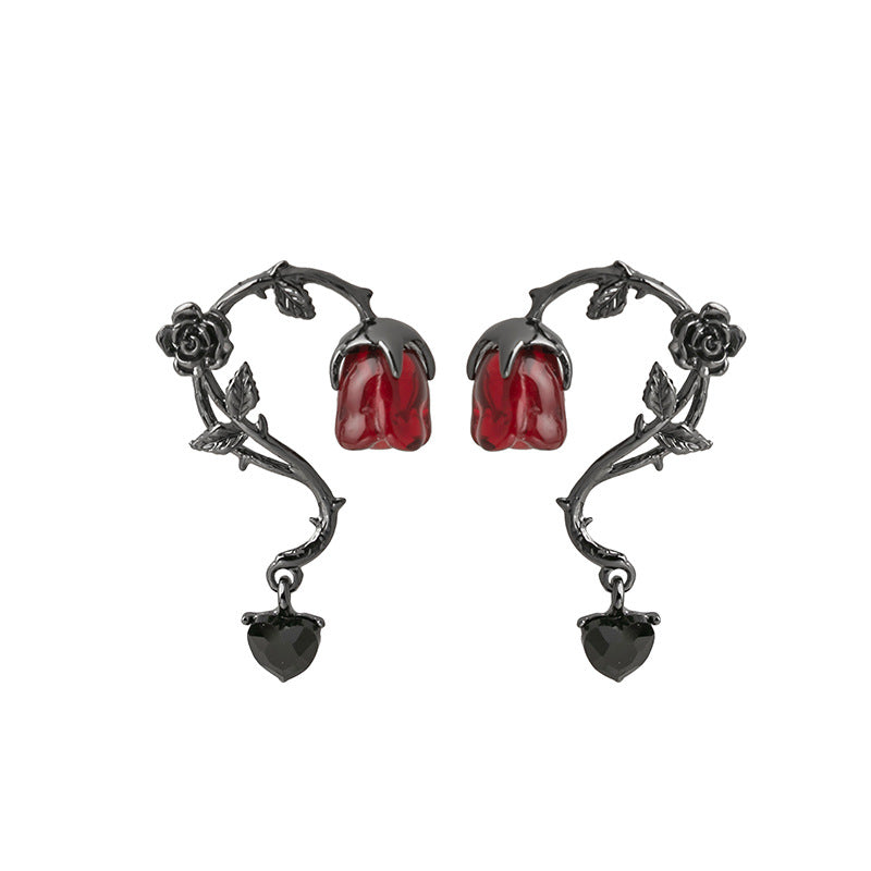 Rosalya – Ohrringe Rote Rose & Dunkle Brombeere