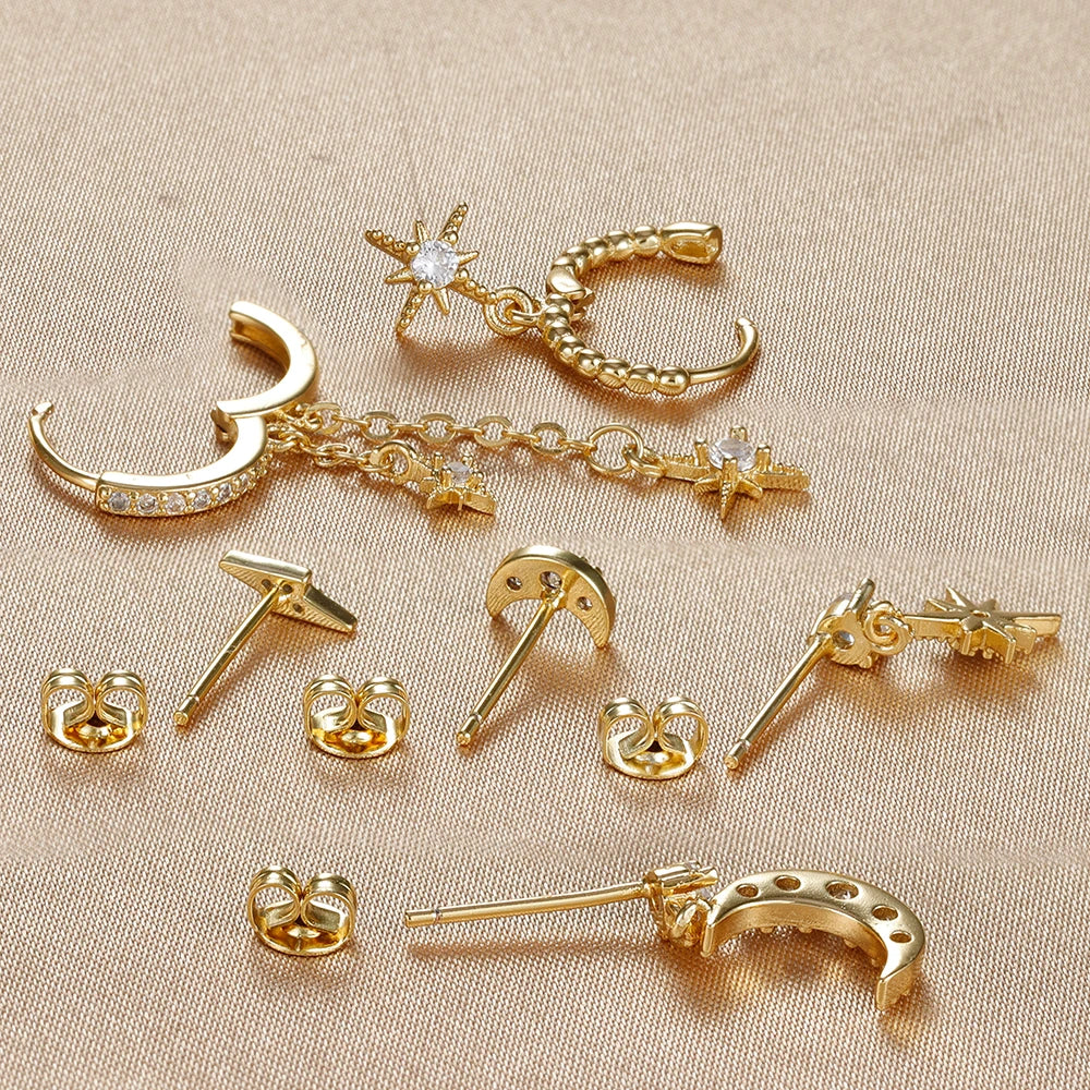 Aurora – Set asymmetrischer Ohrringe Stern und Mond (6 Teile)