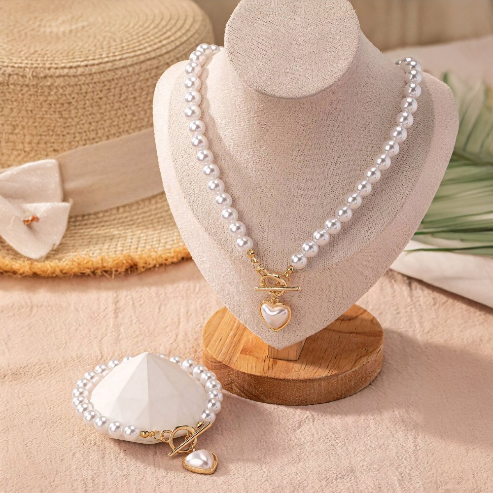 Lara – Ensemble Collier & Bracelet Cœur Perlé