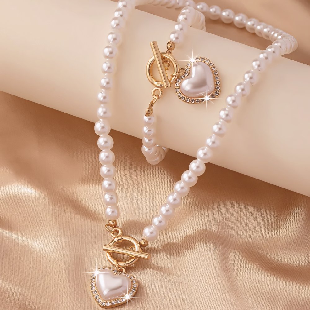Lara – Ensemble Collier & Bracelet Cœur Perlé