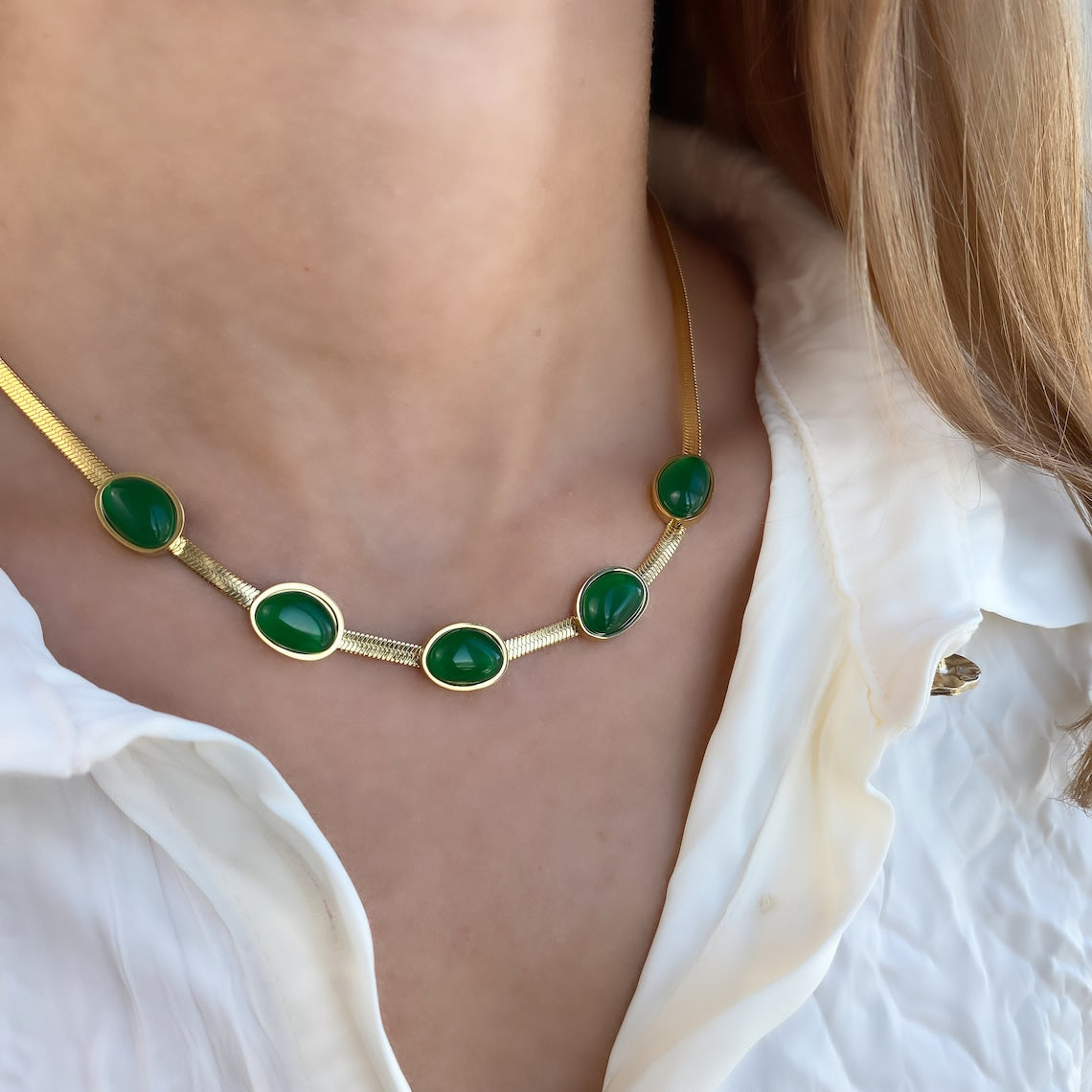 Vintage Jadestein - Intarsien-Halsband und -Armband