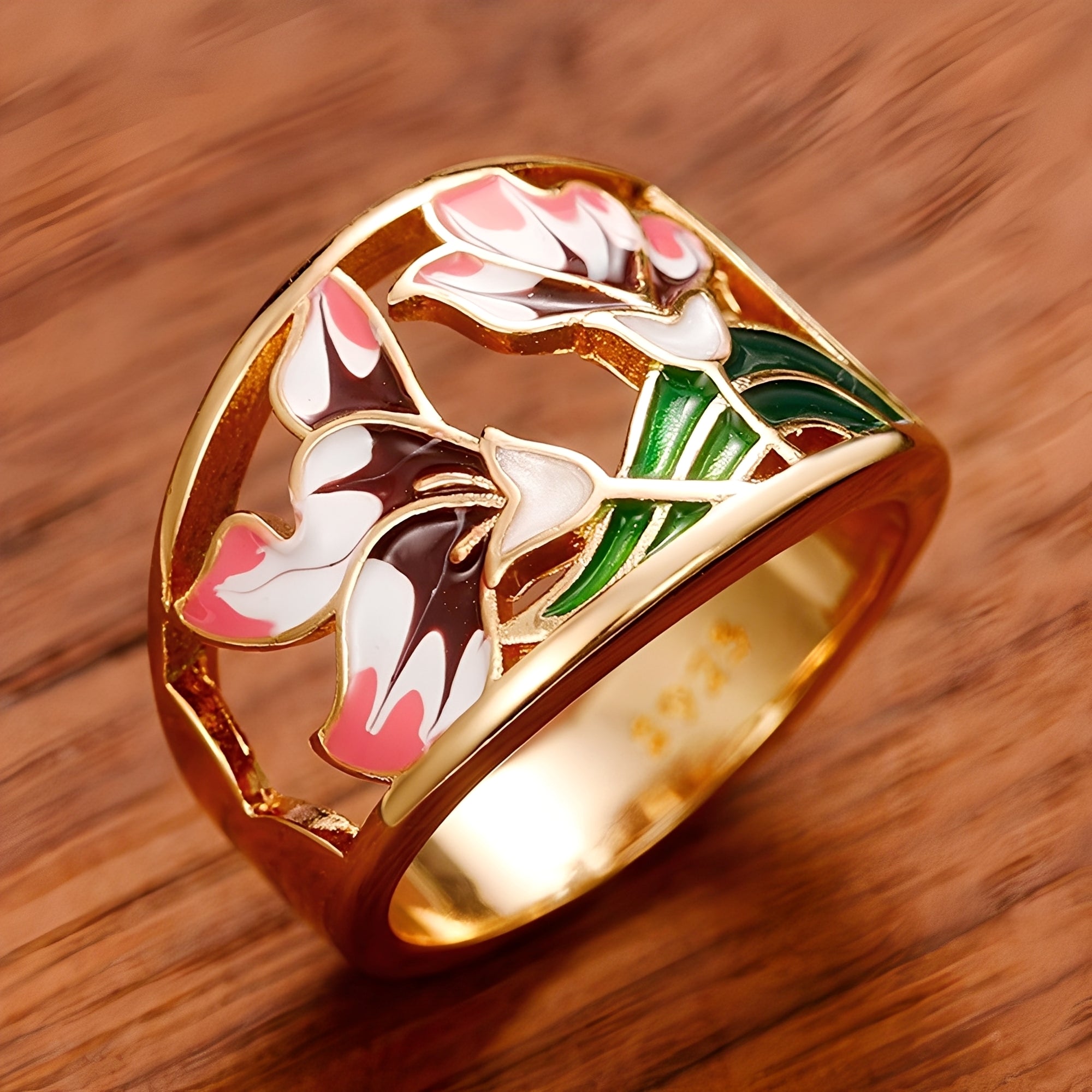 Cess – Emaillierter Goldring Blumig Vintage