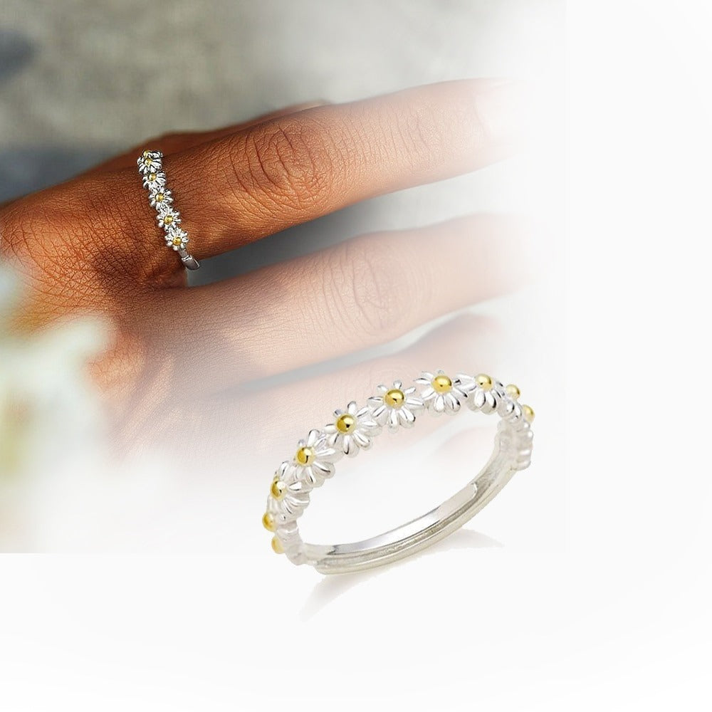 Dahliana – Ring Margerite in Silber Verstellbar und Handbemaltem Emaille