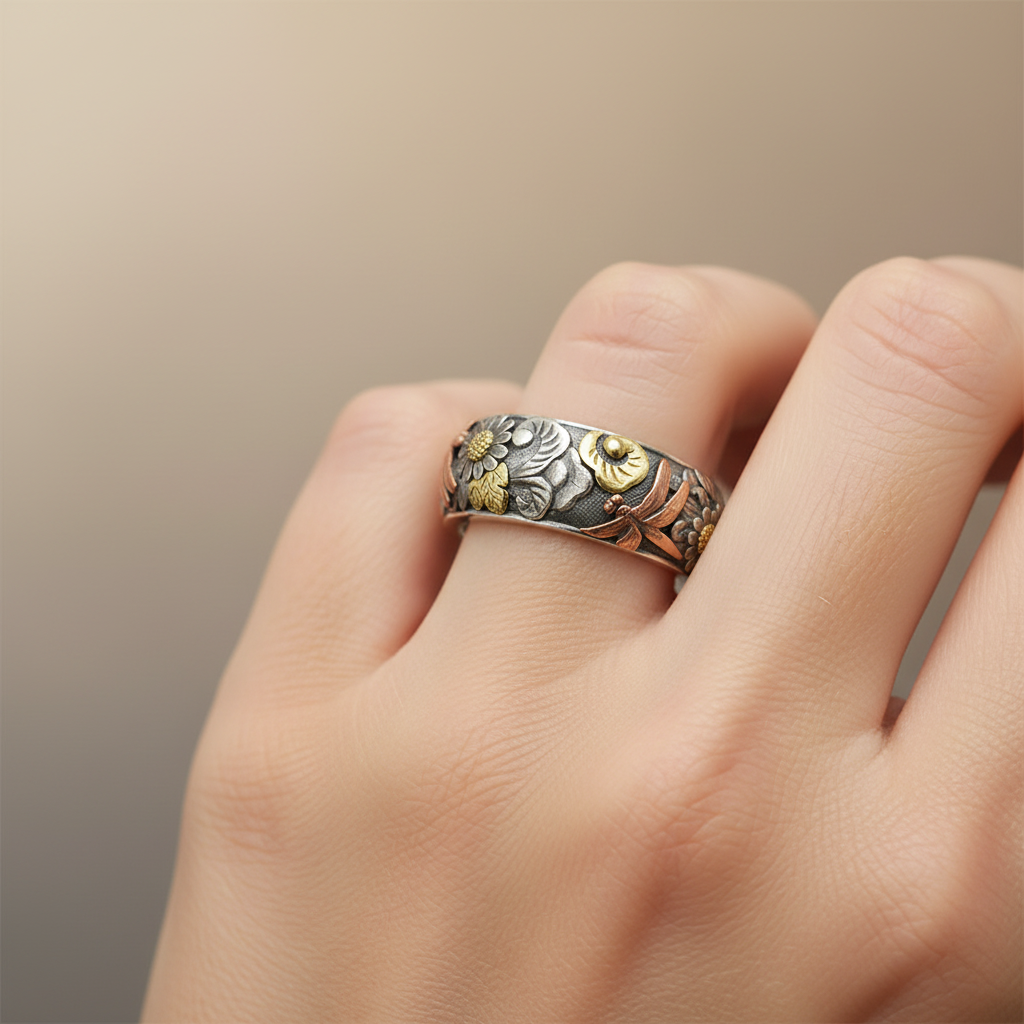 Annie – Vintage Skulptierter Ring Blume Libelle Sonnenblume