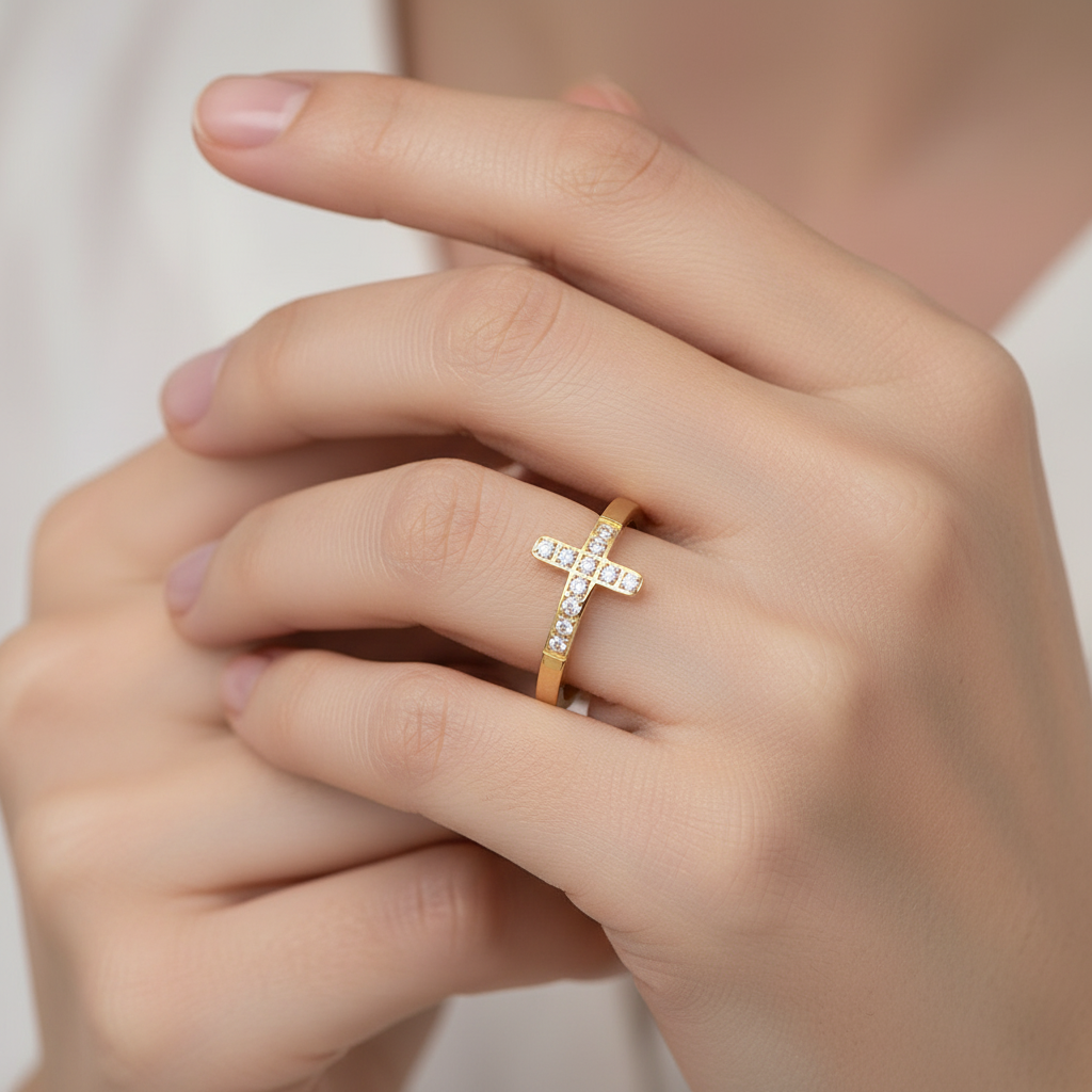 Juliette – Ring Goldenes Kreuz mit Leuchtenden Steinen
