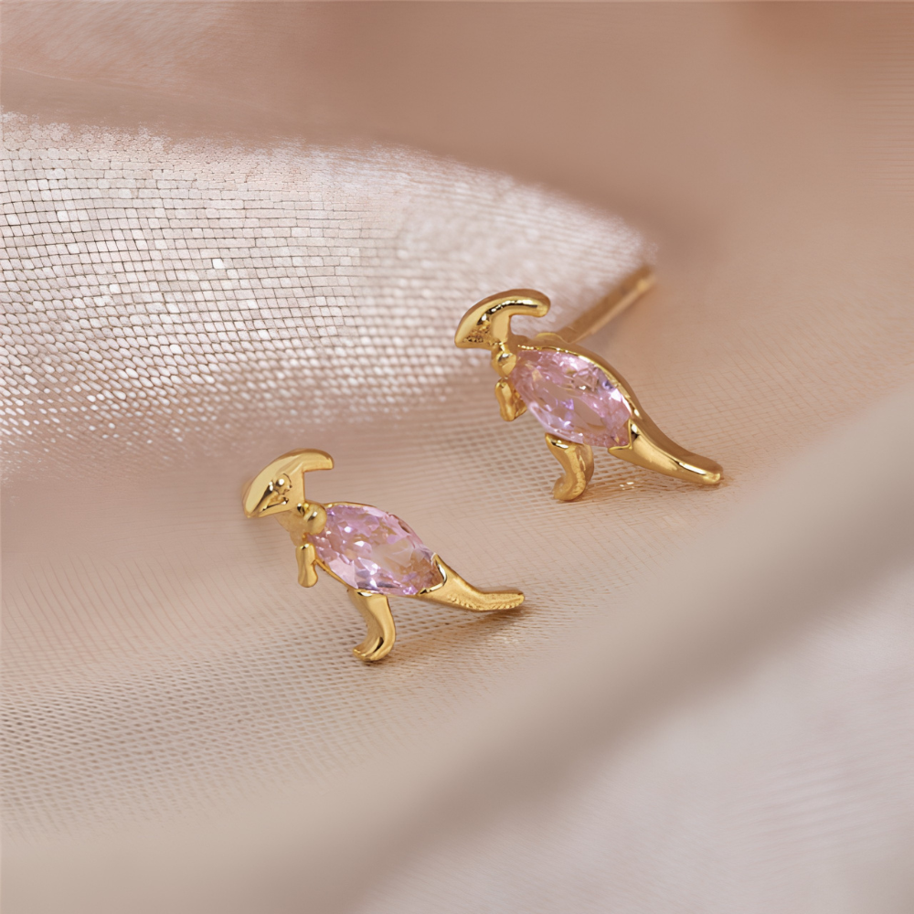 Damen Dino-Ohrringe im Paar mit Dinosaurier-Design und Schmuckstein-Details