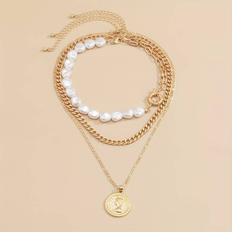 Perle und Vintage-Anhänger Kette - 3pcs Kette Anhänger und Perle Halskette