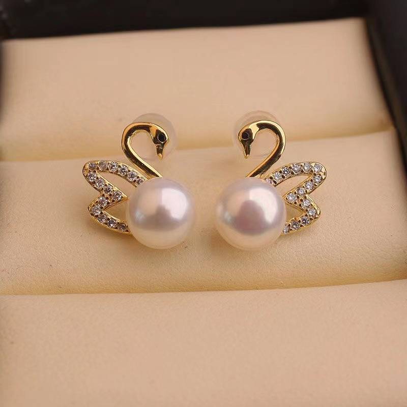 Gold Diamant Schwan Ohrringe - Gold Schwan ohrringe mit Perle