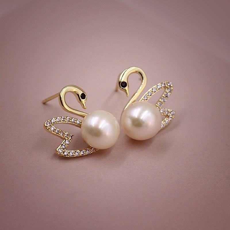 Gold Diamant Schwan Ohrringe - Gold Schwan ohrringe mit Perle