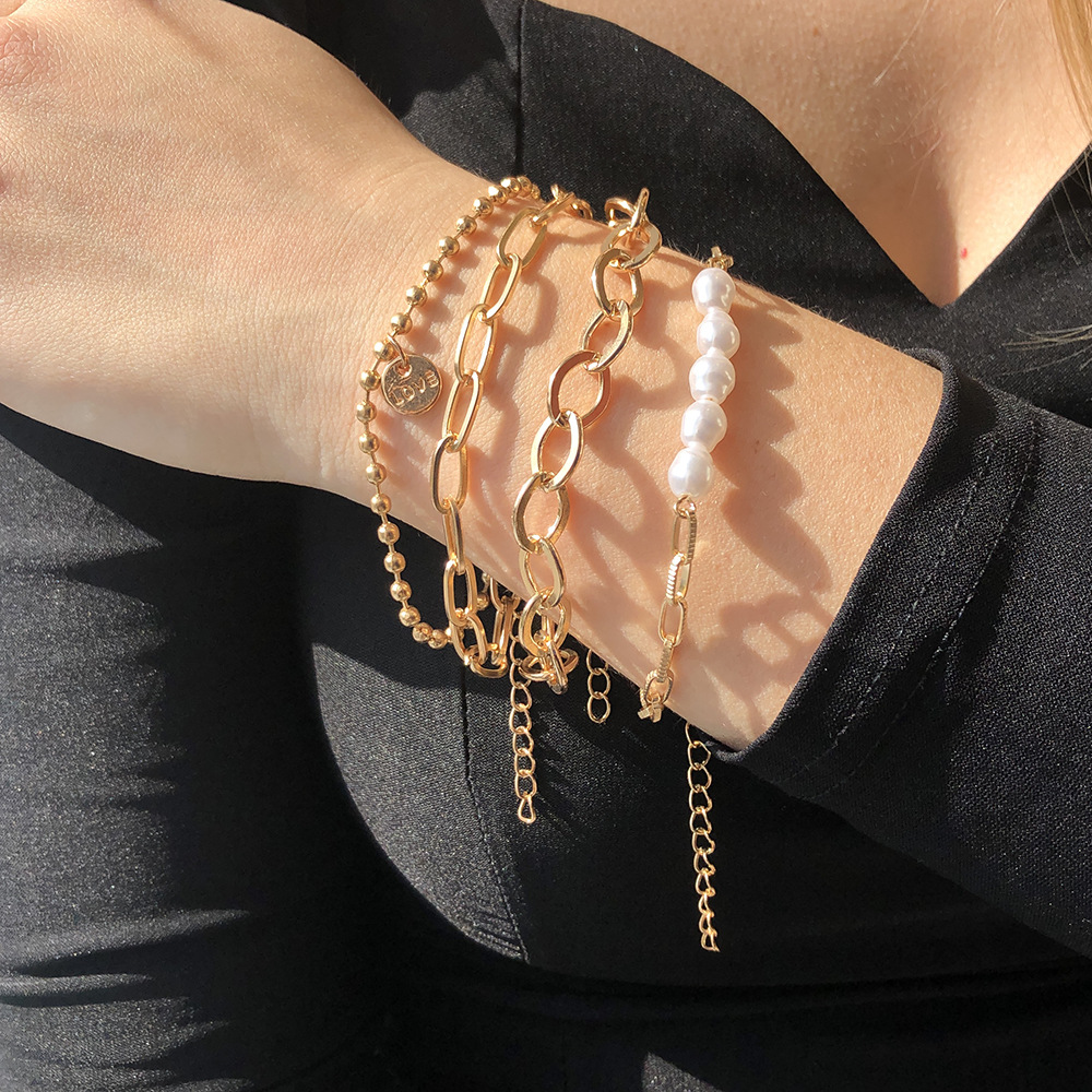 3teiliges goldenes Perlenarmband - großes Kettenset