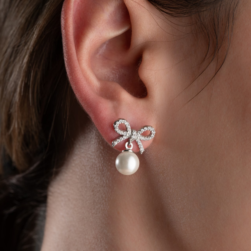 Goldene Schleifen-Perlenohrringe - Bow Pearl Dangle Ohrring