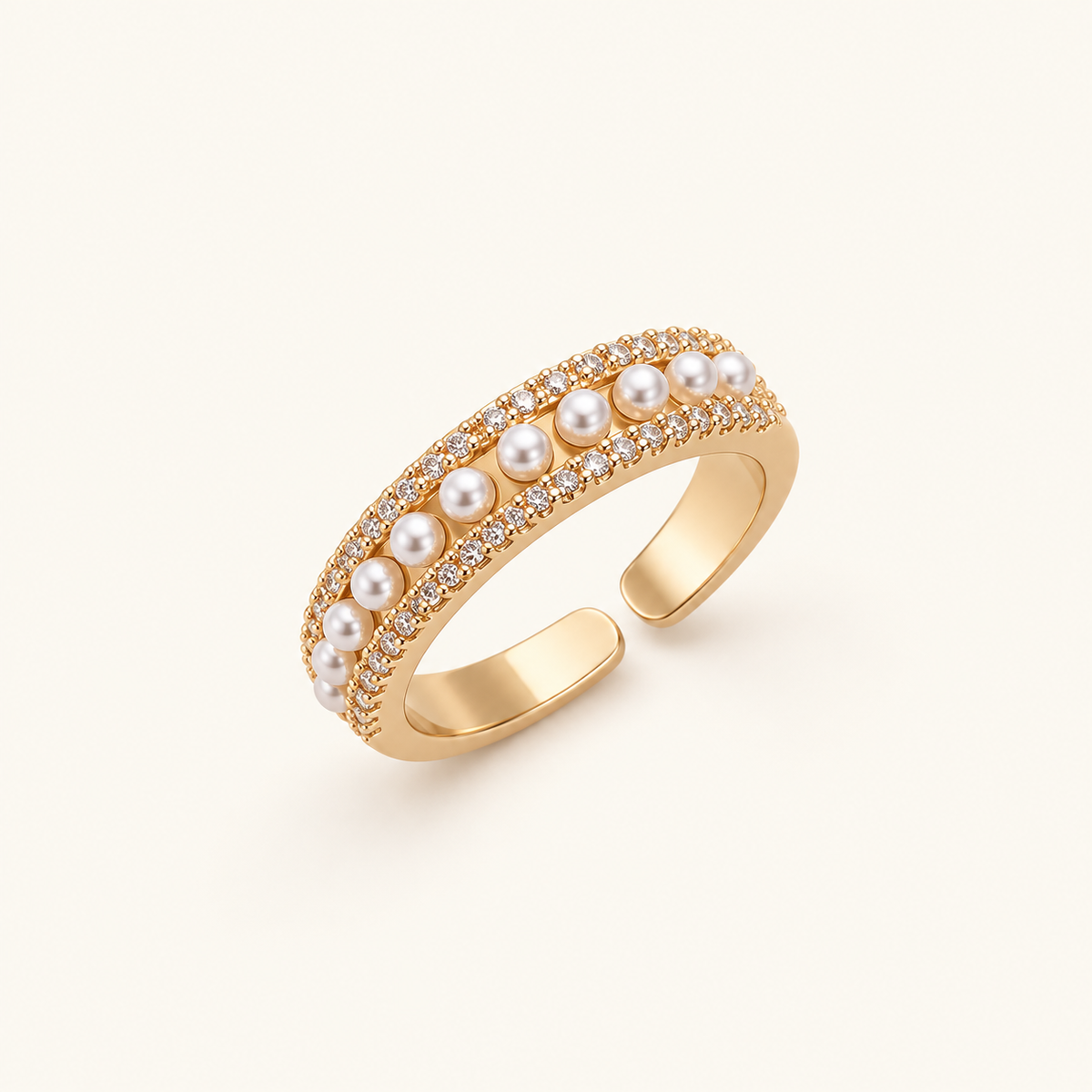 Damen Verstellbarer Ring mit Offenem Design, Perlendetail und Steinbesatz