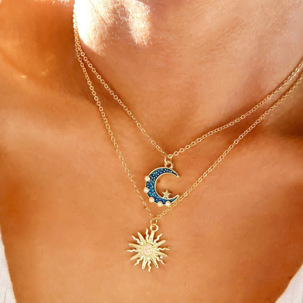 Sonne & Mond Halsketten-Set - Lagen-Halskette mit Himmelsmotiven