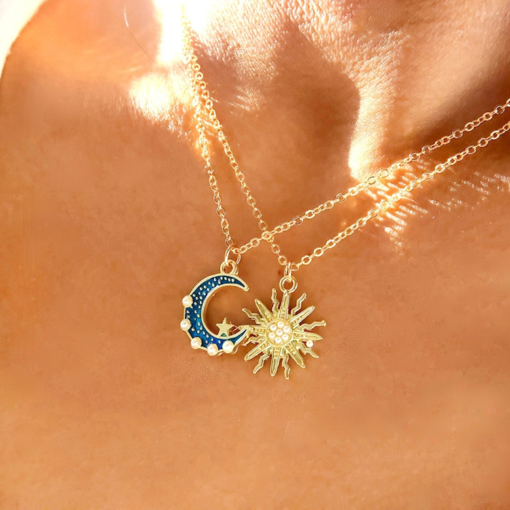 Sonne & Mond Halsketten-Set - Lagen-Halskette mit Himmelsmotiven