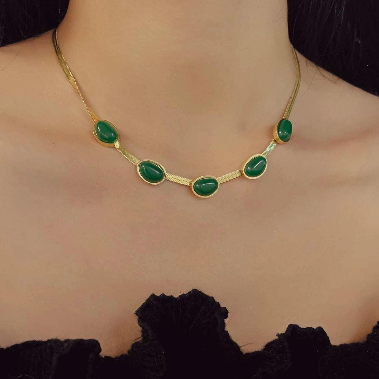 Vintage Jadestein - Intarsien-Halsband und -Armband