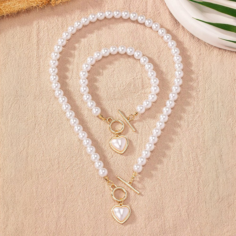 Lara – Ensemble Collier & Bracelet Cœur Perlé