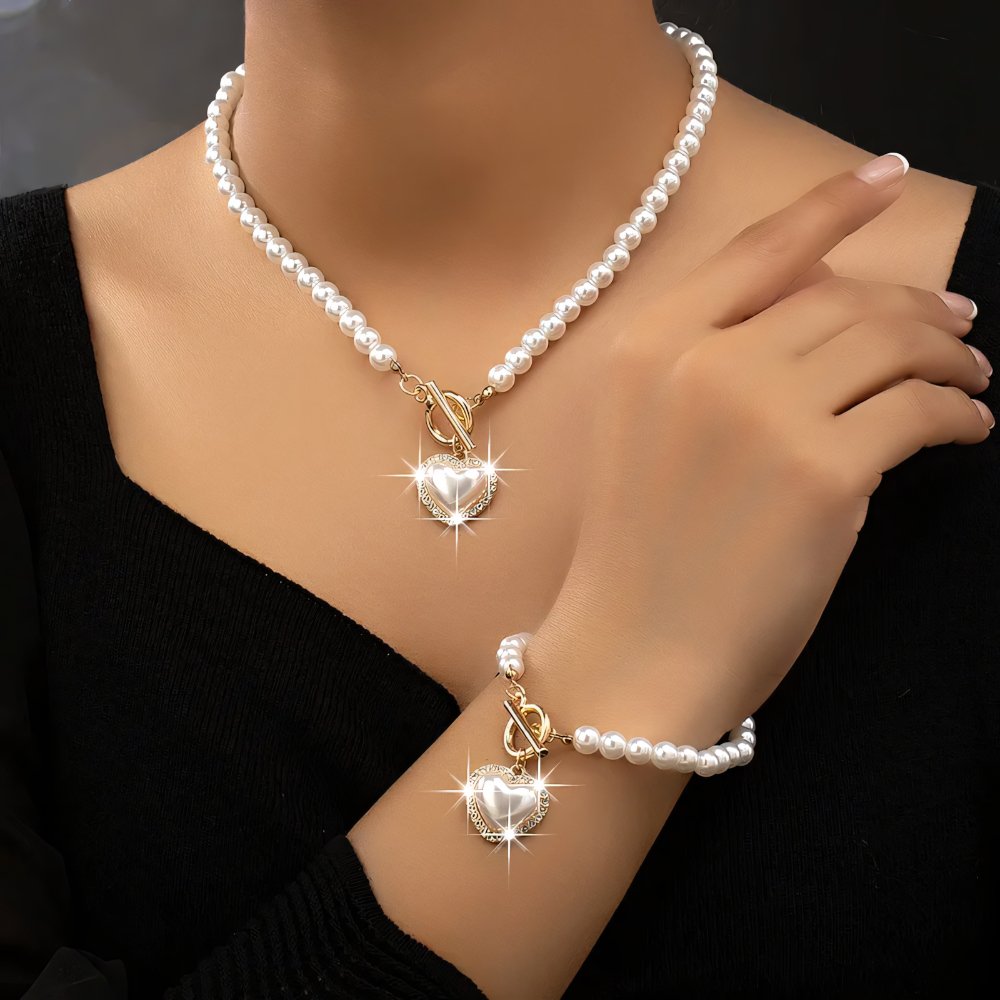 Lara – Ensemble Collier & Bracelet Cœur Perlé