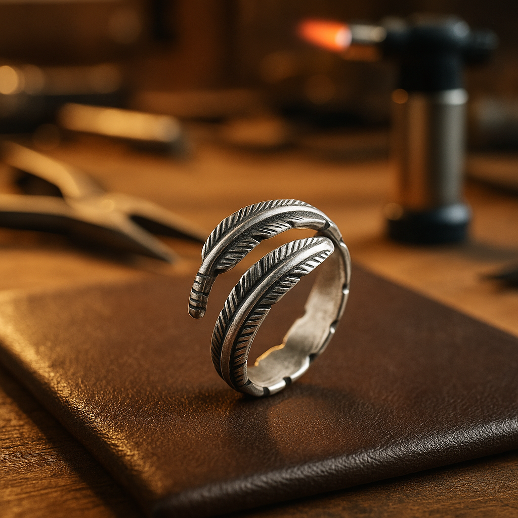 Reika – Retro-Schwarzring mit offenem Federdesign