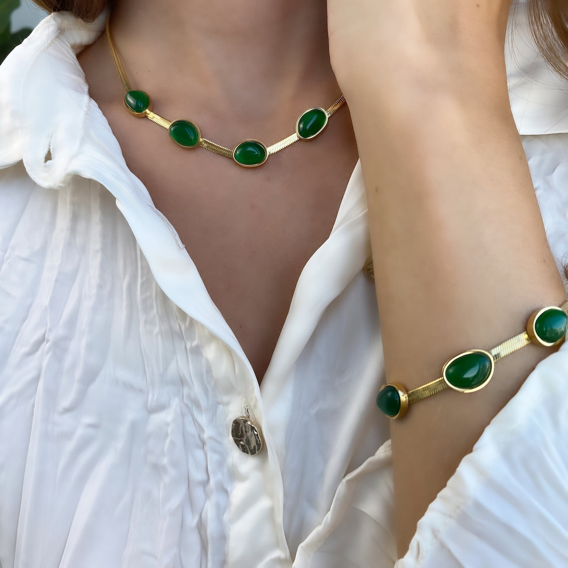 Vintage Jadestein - Intarsien-Halsband und -Armband