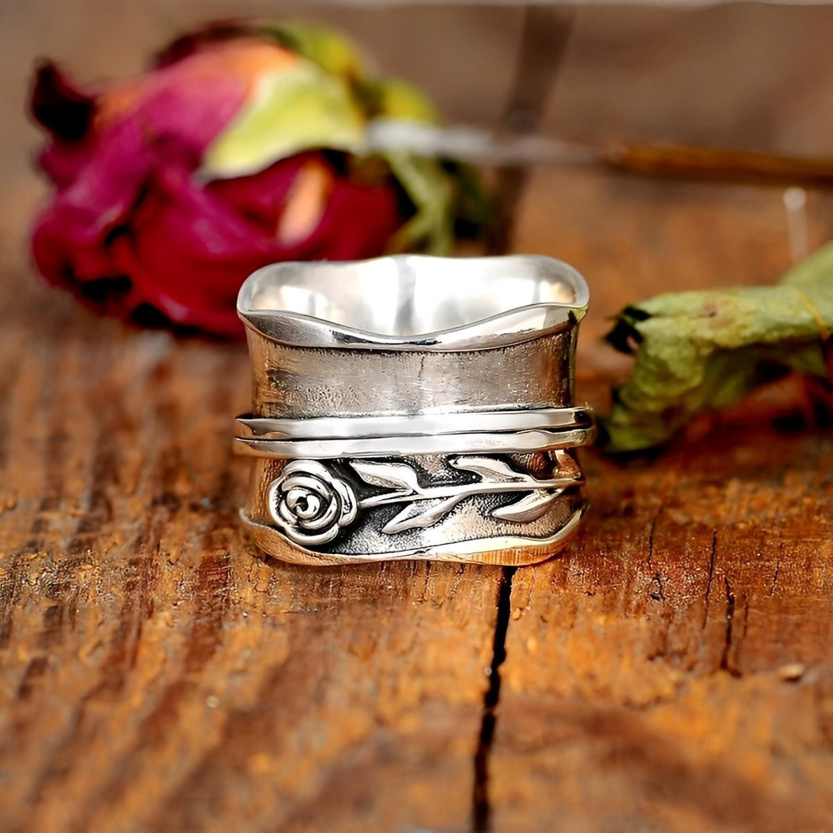 Vintage Rose Blumen Ring in Silber