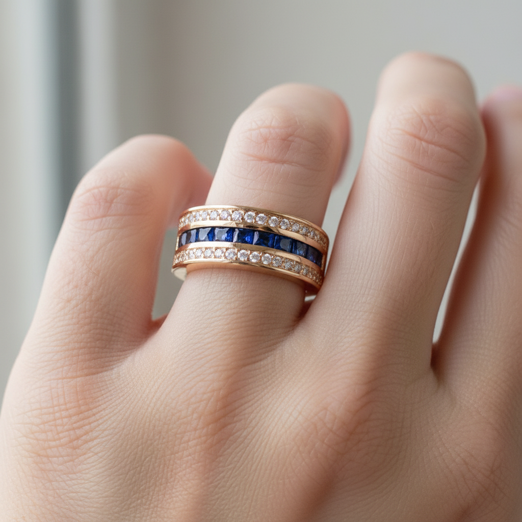 Ronan – Herrenring Quadratisch Kristalle & Vergoldeter Saphir