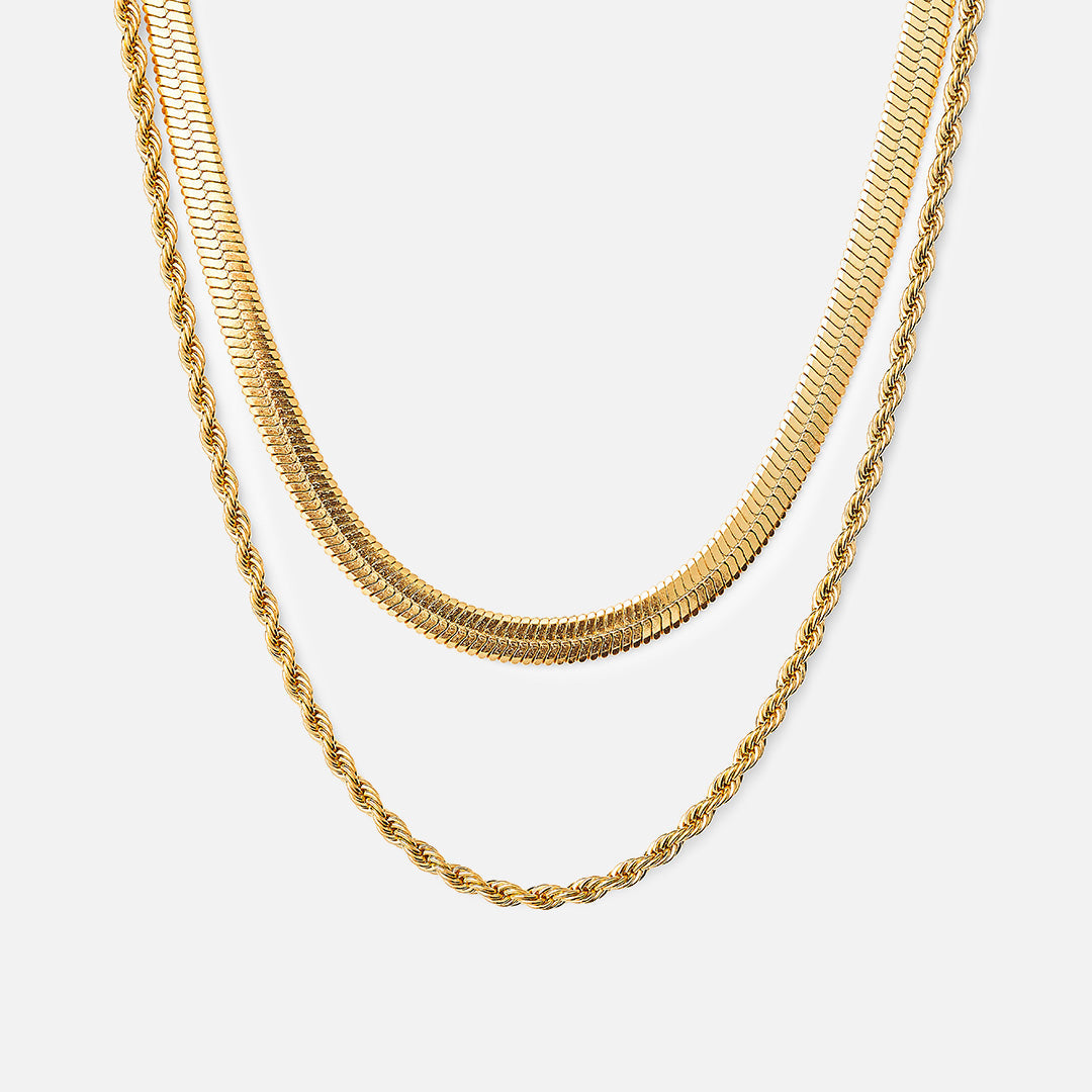 Tiana – Gedrehte Kordelkette & Flache Schlangenkette Vergoldet 18K